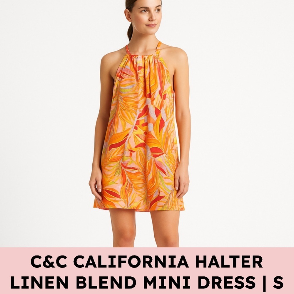 C&C California Linen Blend Tropical Halter Trapeze Sundress NWT Small - Picture 12 of 13